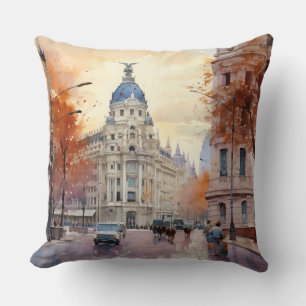 Vibrant Spanish City Street Watercolor - Autumn Cushion