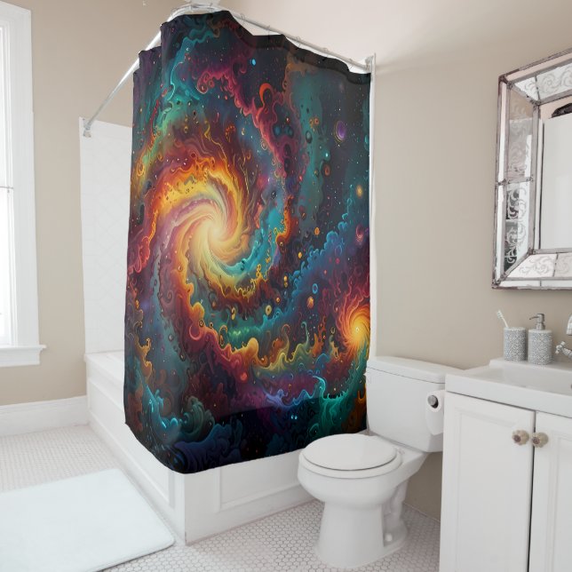 Vibrant Spiral Mandala with Rainbow Hues Shower Curtain (In Situ)