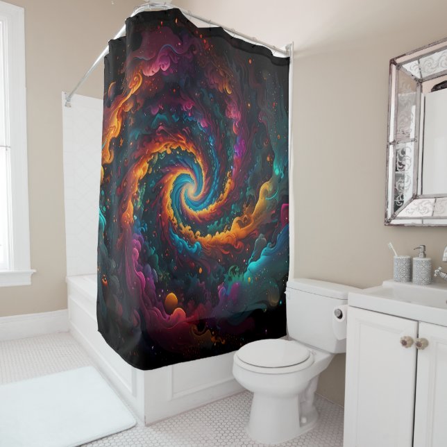 Vibrant Spiral Mandala with Rainbow Hues Shower Curtain (In Situ)