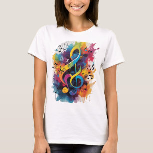 vibrant splashes of colour merge musical symbols T-Shirt