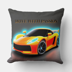 Vibrant Sports Car with Neon Glow Racing Car Cushion