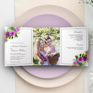 Vibrant Spring Floral Bouquet Photo Wedding Tri-Fold Invitation
