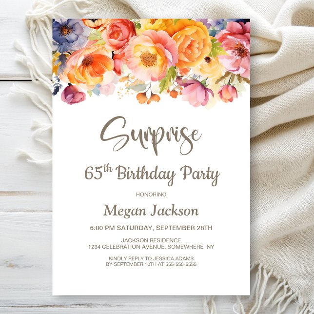 Vibrant Spring Floral Surprise 65th Birthday Party Invitation (Creator Uploaded)