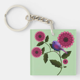 Vibrant Spring Floral with Cute Purple Bird Art Key Ring