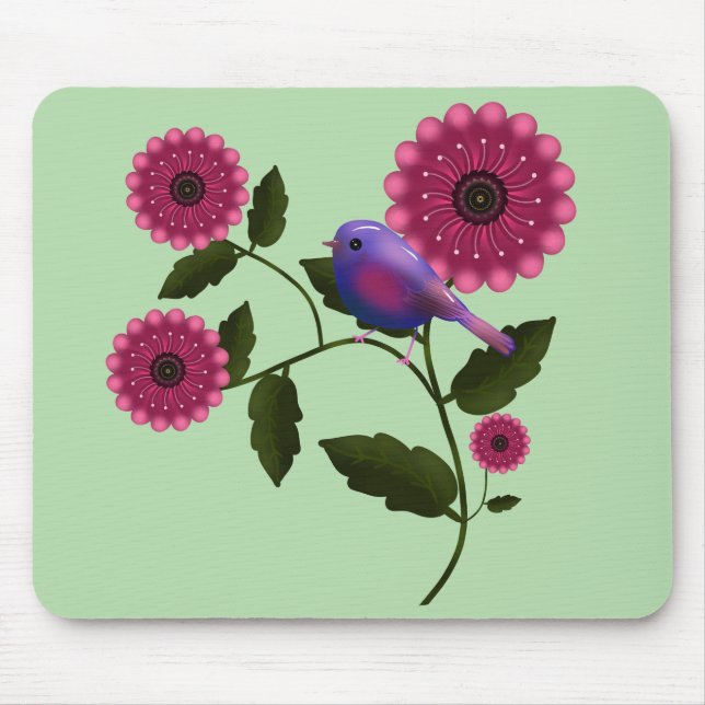 Vibrant Spring Floral with Cute Purple Bird Art Mouse Mat (Front)