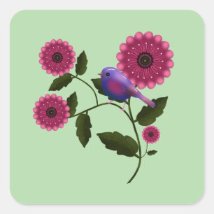 Vibrant Spring Floral with Cute Purple Bird Art Square Sticker