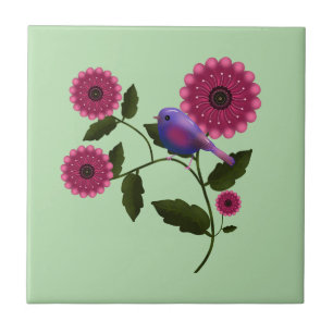 Vibrant Spring Floral with Cute Purple Bird Art Tile