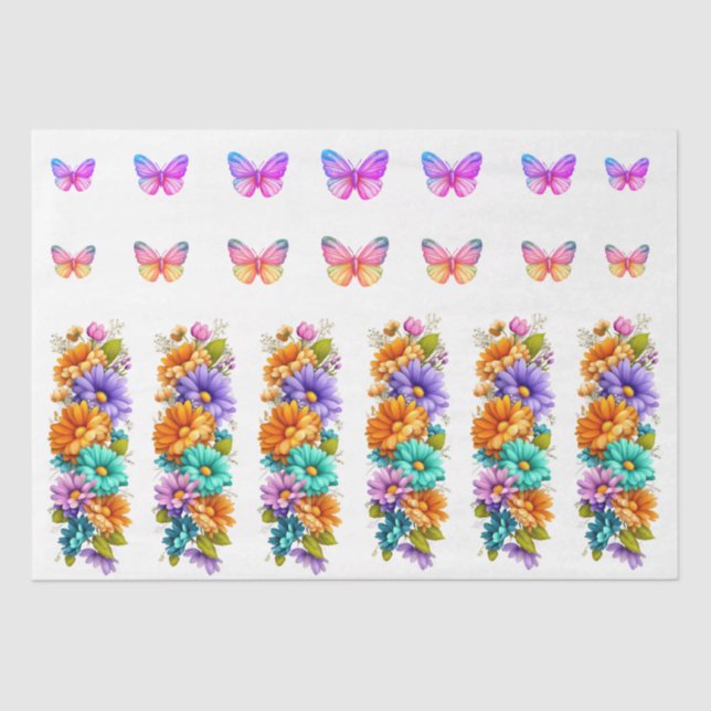 Vibrant Spring Flowers & Butterflies Decoupage Tissue Paper (Front)