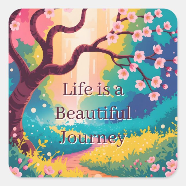 Vibrant Spring Path under Blooming Cherry Blossoms Square Sticker (Front)
