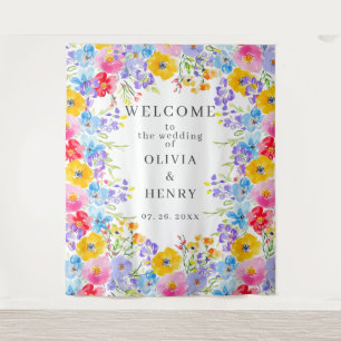Vibrant Spring Watercolor Flowers Welcome Wedding Tapestry
