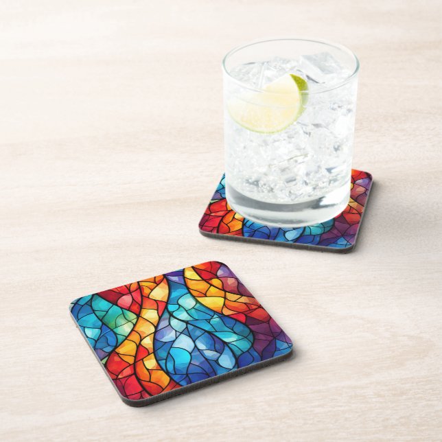 Vibrant Stained Glass Abstract Hard Plastic  Coaster (Right Side)