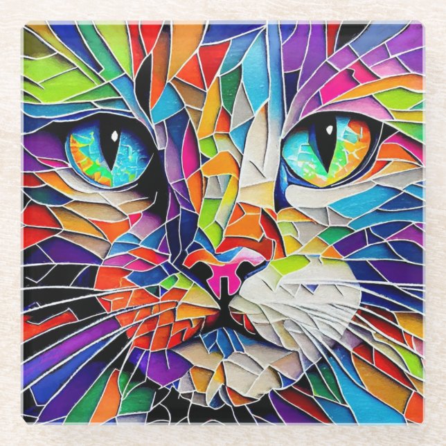Vibrant Stained Glass Cat Coaster (Front)