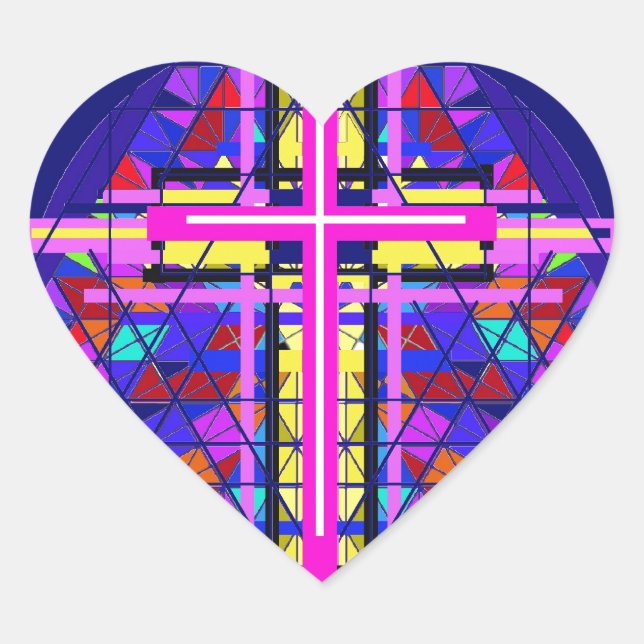 Vibrant Stained Glass Christian Cross. Heart Sticker (Front)