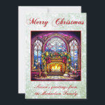 Vibrant Stained Glass Cosy Fireplace Green Glitter Holiday Card<br><div class="desc">Bright and vibrant stained glass design of multicolored cosy fireplace decked with holly and Christmas decorations,  with large ornate windows,  in a red frame. With pale green glitter background and "Merry Christmas". You can change the customisable personal greeting at the bottom of the design to your own message.</div>
