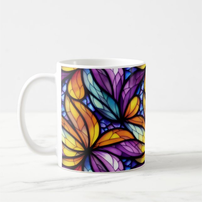 Vibrant Stained Glass Floral: Colourful Design Coffee Mug (Left)