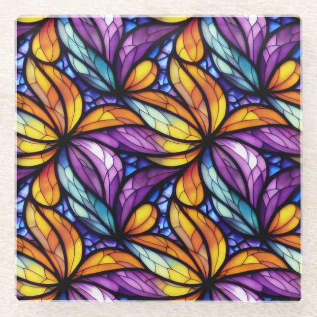 Vibrant Stained Glass Floral: Colourful Design Glass Coaster (Front)