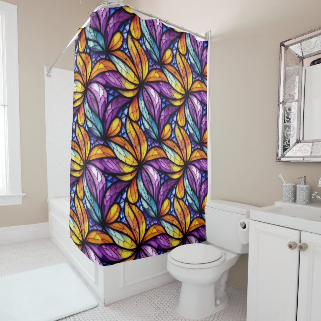 Vibrant Stained Glass Floral: Colourful Design Shower Curtain (In Situ)