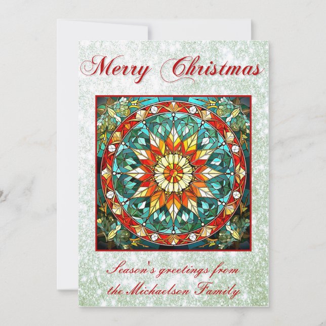 Vibrant Stained Glass Floral Mandala Green Glitter Holiday Card (Front)
