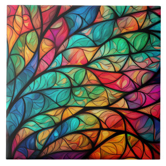 Vibrant Stained Glass Foliage Ceramic Tile