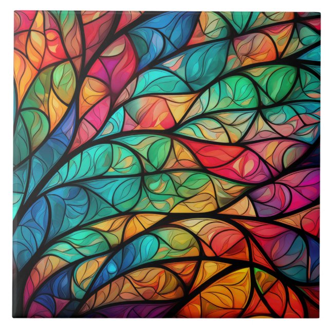 Vibrant Stained Glass Foliage Ceramic Tile (Front)