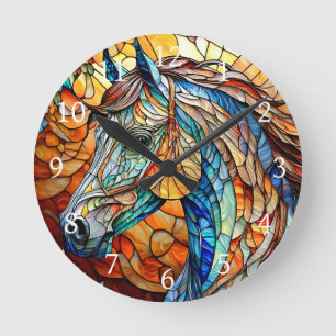 Vibrant Stained Glass Horse 25 Round Clock