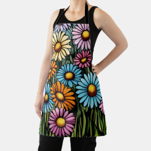 Vibrant Stained Glass Look Bohemian Garden Daisies Apron