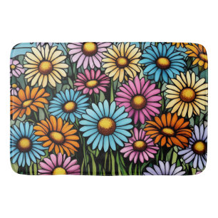 Vibrant Stained Glass Look Bohemian Garden Daisies Bath Mat
