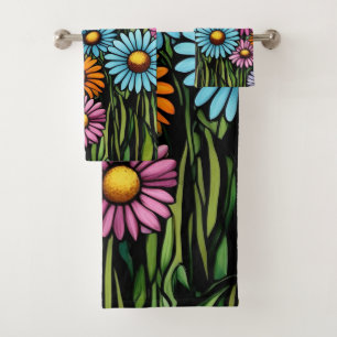 Vibrant Stained Glass Look Bohemian Garden Daisies Bath Towel Set