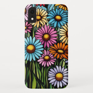 Vibrant Stained Glass Look Bohemian Garden Daisies iPhone XR Case