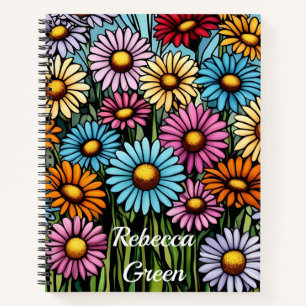 Vibrant Stained Glass Look Bohemian Garden Daisies Notebook