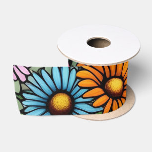 Vibrant Stained Glass Look Bohemian Garden Daisies Satin Ribbon