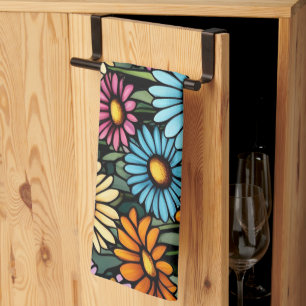 Vibrant Stained Glass Look Bohemian Garden Daisies Tea Towel