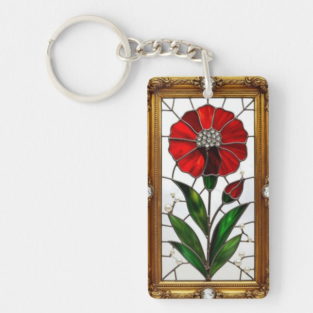 Vibrant Stained Glass Panel of a Red Flower Key Ring (Front)
