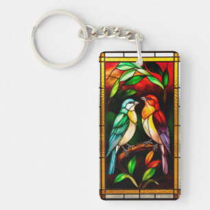 Vibrant Stained Glass Panel with Colourful Birds Key Ring
