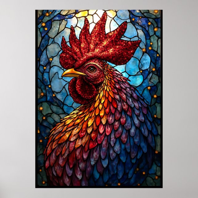 Vibrant Stained Glass Rooster Art Poster (Front)