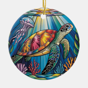 Vibrant Stained Glass Sea Turtle Ocean Design Ceramic Tree Decoration