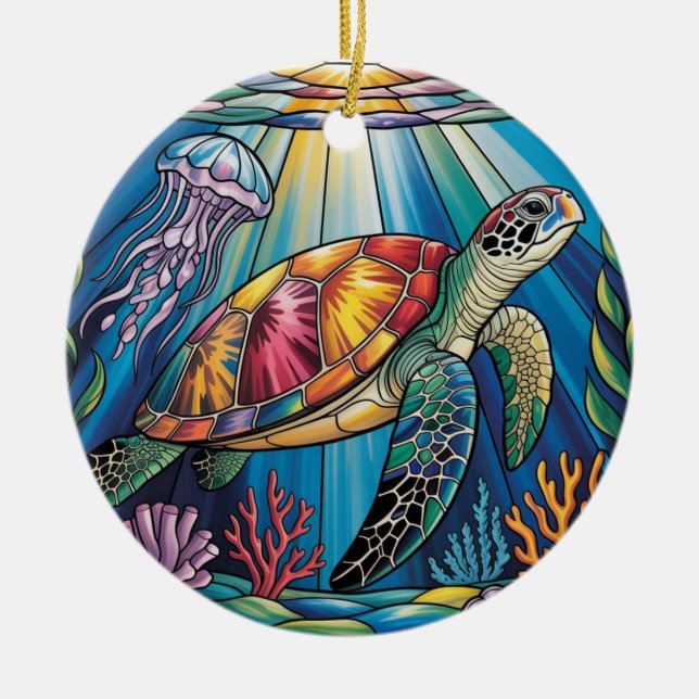 Vibrant Stained Glass Sea Turtle Ocean Design Ceramic Tree Decoration (Front)