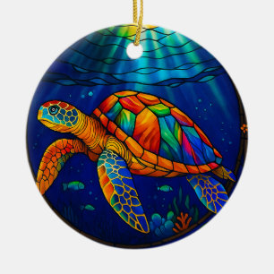 Vibrant Stained Glass Sea Turtle Ocean Design Ceramic Tree Decoration