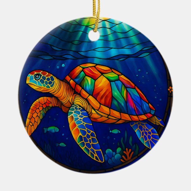 Vibrant Stained Glass Sea Turtle Ocean Design Ceramic Tree Decoration (Front)