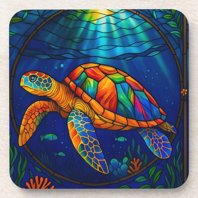 Vibrant Stained Glass Sea Turtle Ocean Design Coaster (Front)