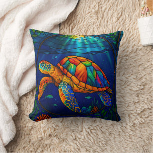 Vibrant Stained Glass Sea Turtle Ocean Design Cushion