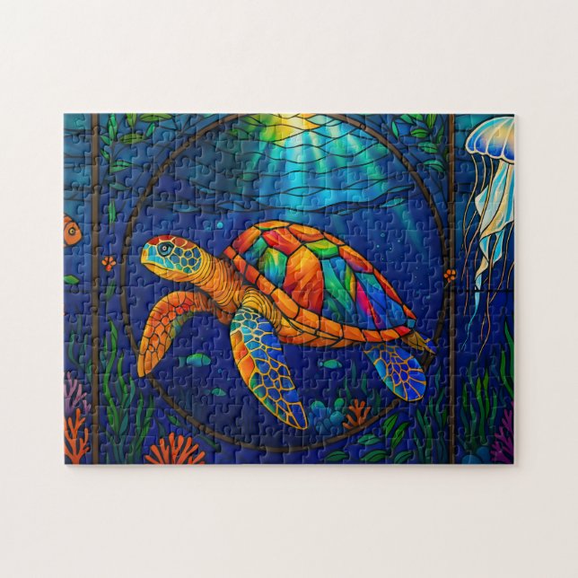 Vibrant Stained Glass Sea Turtle Ocean Design Jigsaw Puzzle (Horizontal)