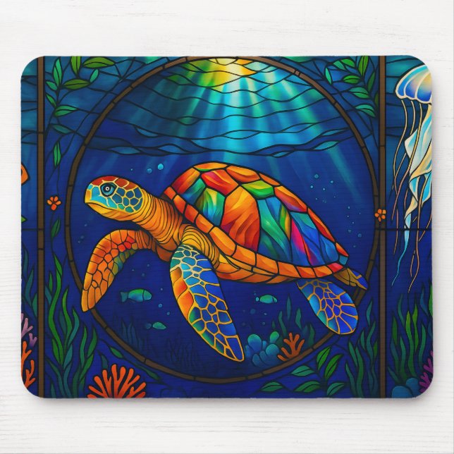 Vibrant Stained Glass Sea Turtle Ocean Design Mouse Mat (Front)