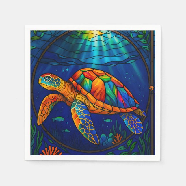 Vibrant Stained Glass Sea Turtle Ocean Design Napkin (Front)