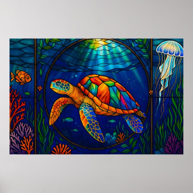 Vibrant Stained Glass Sea Turtle Ocean Design Poster (Front)