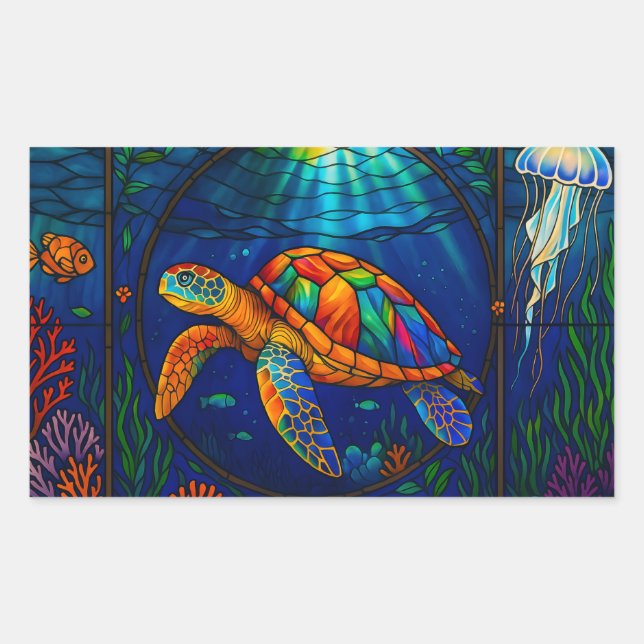 Vibrant Stained Glass Sea Turtle Ocean Design Rectangular Sticker (Front)