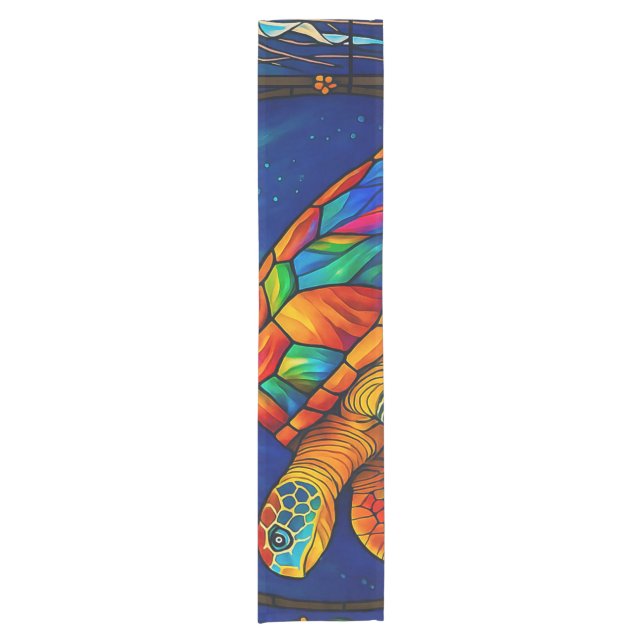 Vibrant Stained Glass Sea Turtle Ocean Design Short Table Runner (Front)