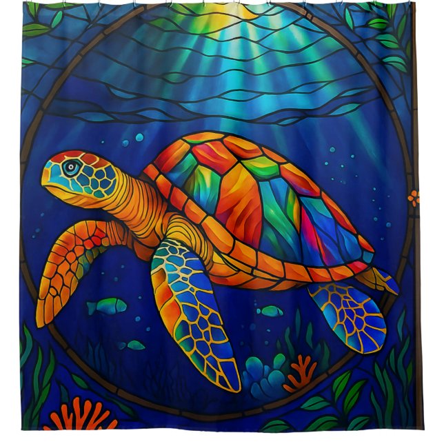 Vibrant Stained Glass Sea Turtle Ocean Design Shower Curtain (Front)