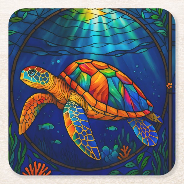 Vibrant Stained Glass Sea Turtle Ocean Design Square Paper Coaster (Front)