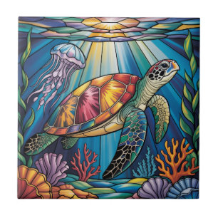 Vibrant Stained Glass Sea Turtle Ocean Design Tile
